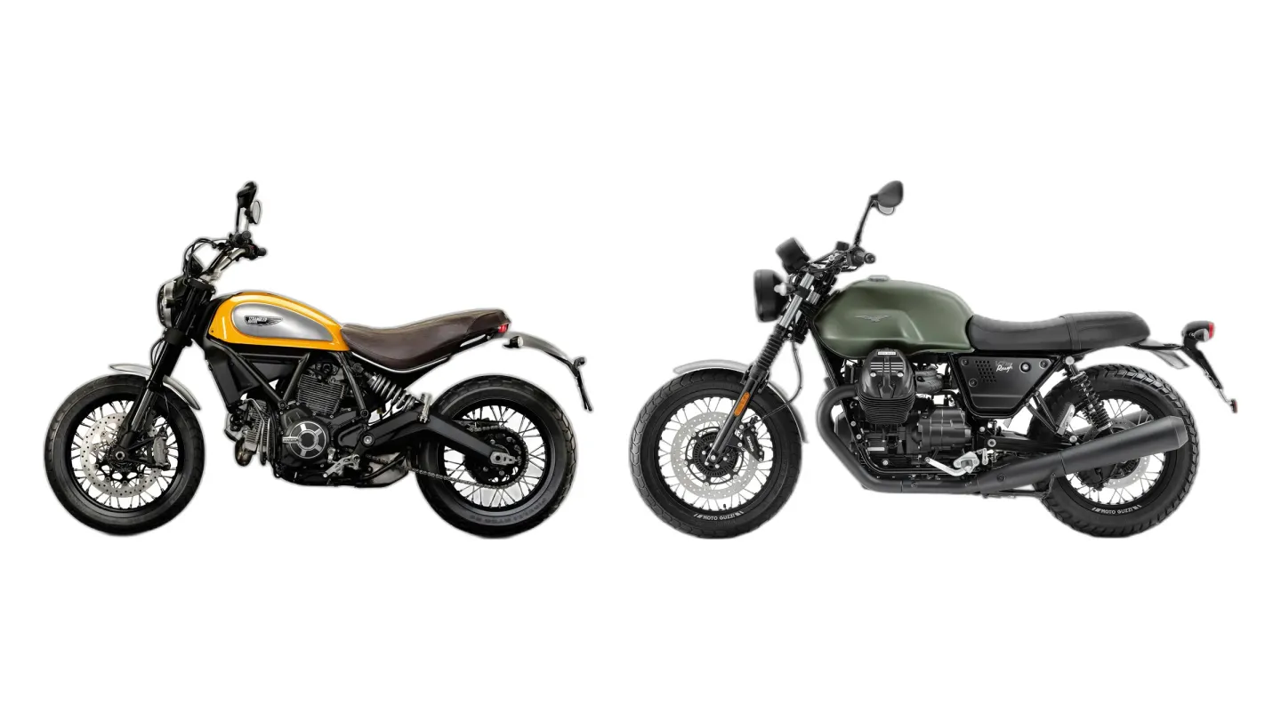 Ducati Scrambler Classic (MY2015) and Moto Guzzi V7 III Rough (MY2020) side by side