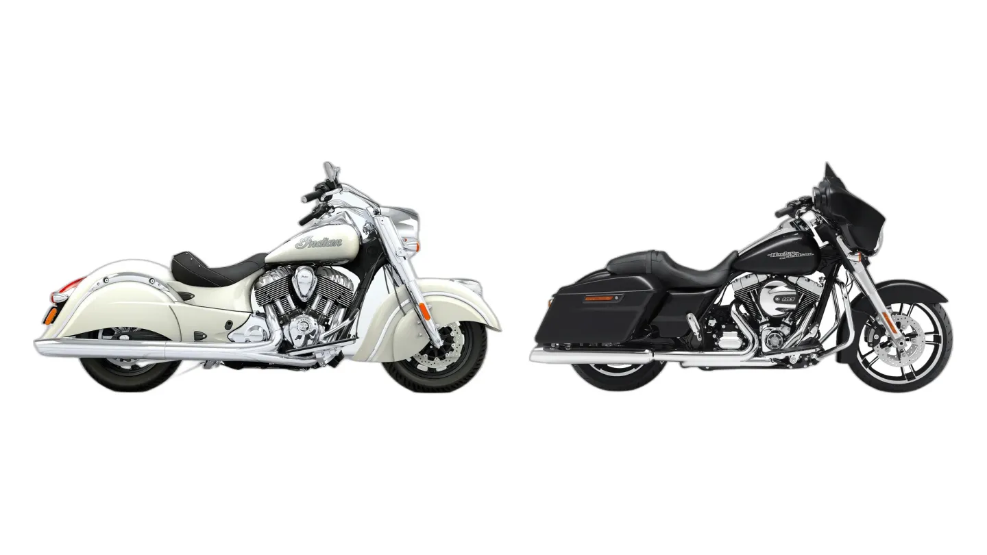 Indian Chief (MY2014) and Harley-Davidson Touring Street Glide Special FLHXS (MY2014) side by side