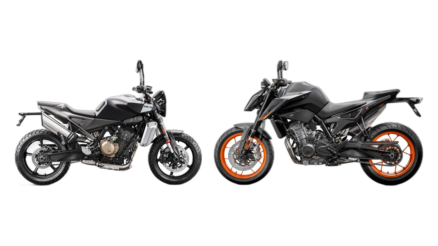 Husqvarna Svartpilen 801 (MY2024) and KTM 890 Duke (MY2021) side by side