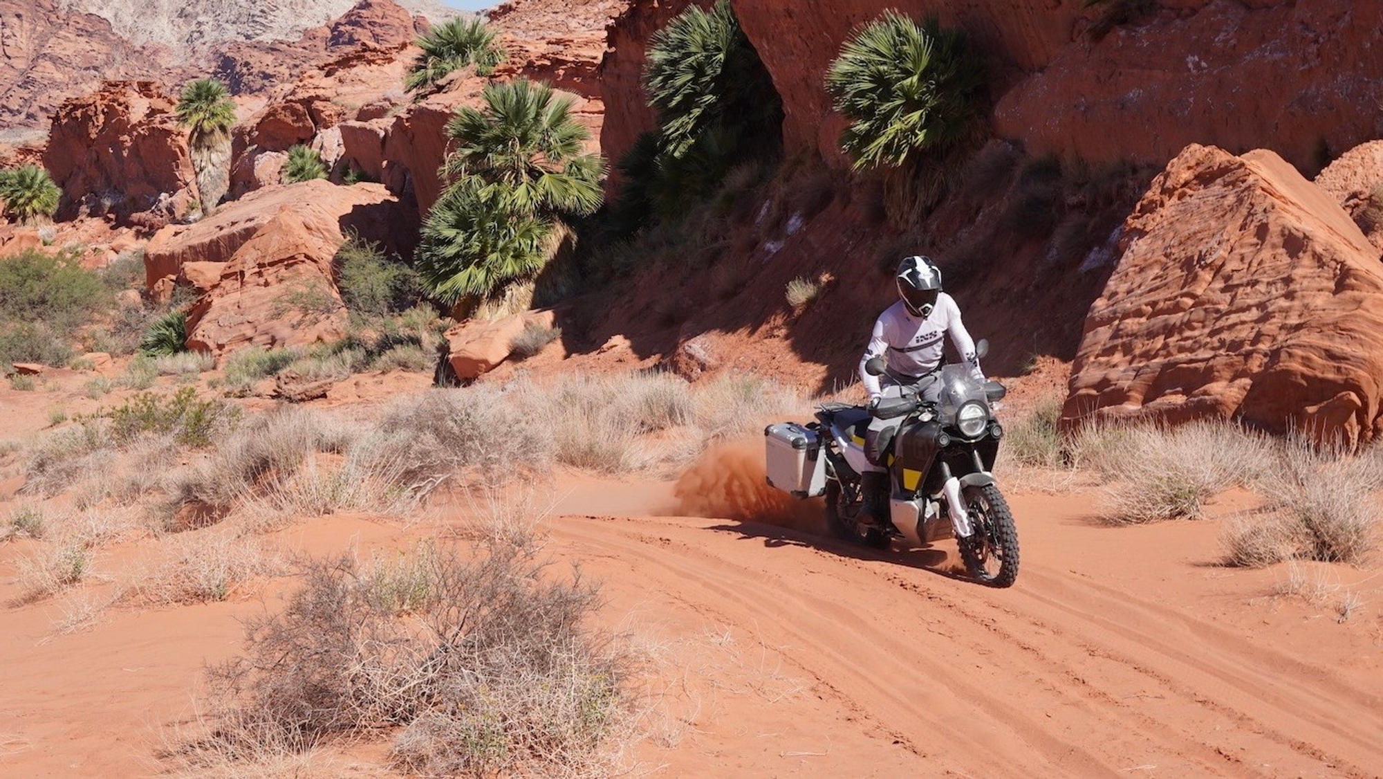 NastyNils riding a Husqvarna Norden 901 on a sandy desert trail. The terrain is typical Southwest off-road landscape with red sand, sparse vegetation, and rocky outcrops. Full protective adventure gear including helmet and light jacket. Daylight conditions, wide open desert vista. The bike's side profile and riding position are clearly visible against the expansive landscape.