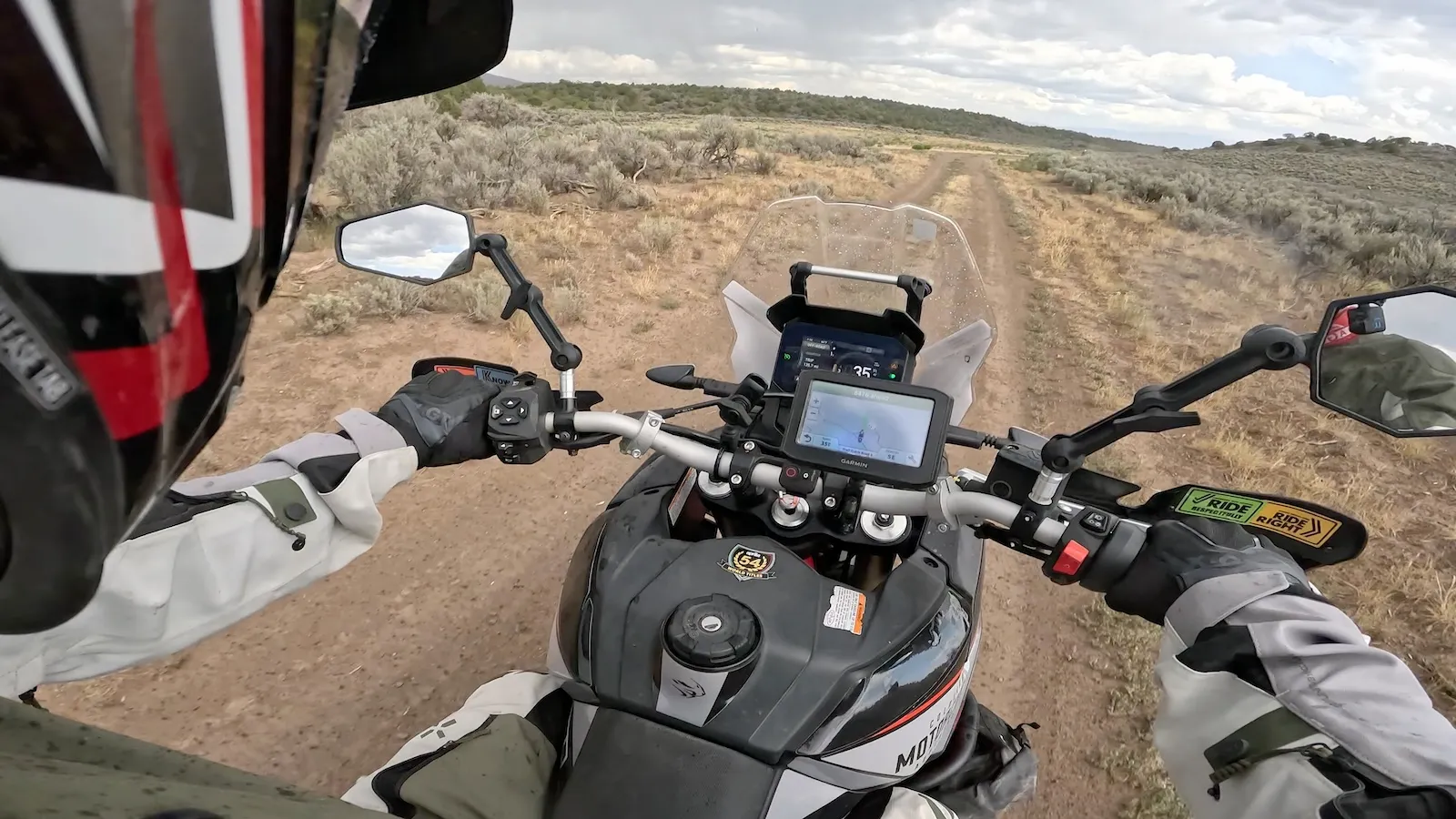 POV from the Aprilia Tuareg 660 bars on a sandy two-track through high-desert sagebrush in Colorado