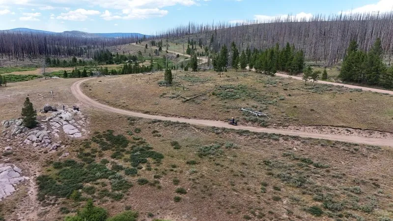 Aerial view of a dirt road curving through a Colorado burn scar with a lone motorcycle on the track