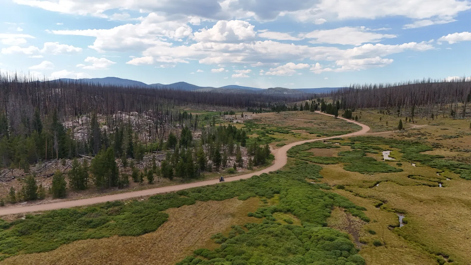 Aerial view of a dirt road winding through a green Colorado valley with burnt forest and mountains beyond