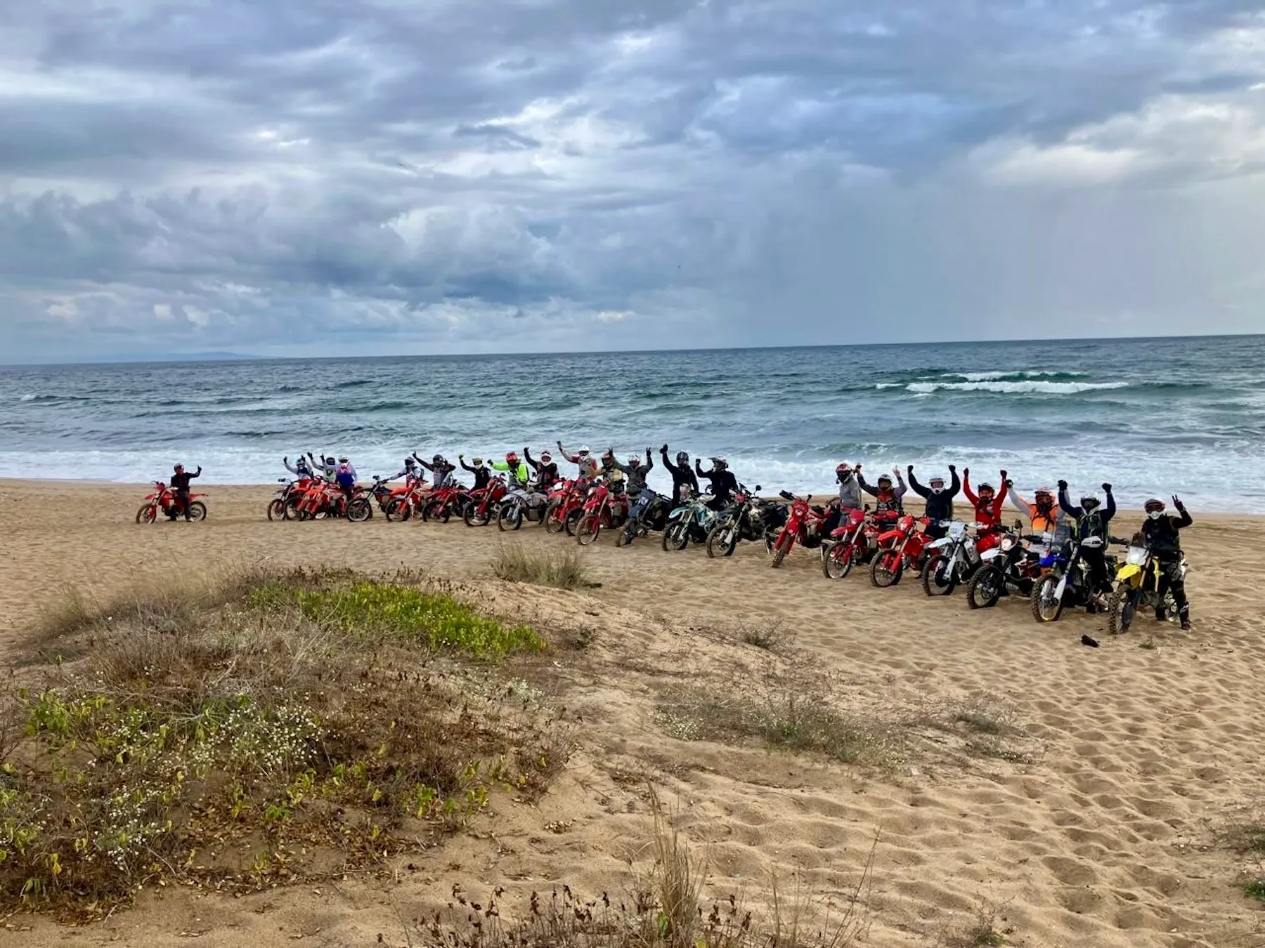 The enduro pack gathered on the Black Sea beach in Sozopol before setting off across the Balkans