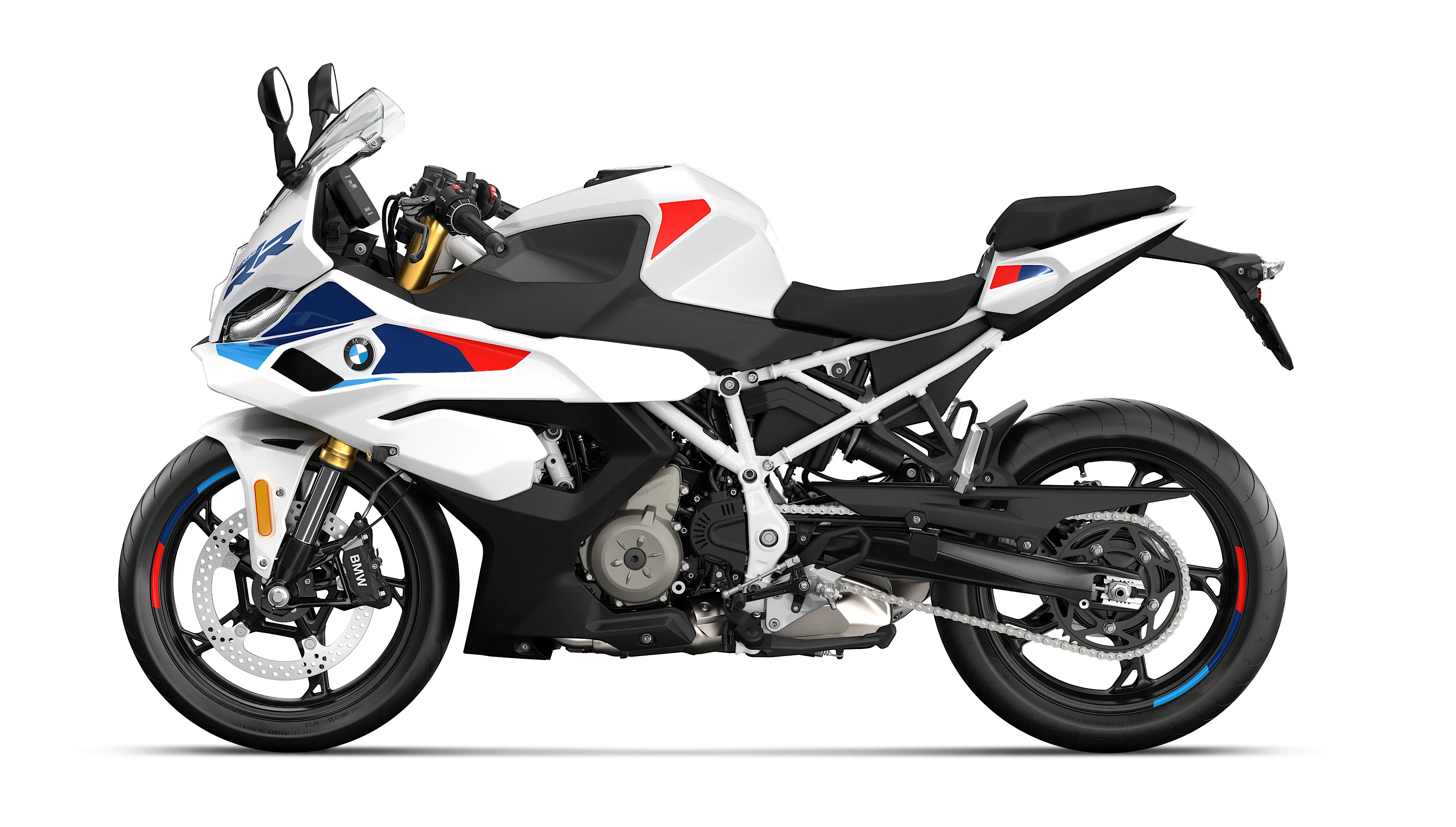 Studio side profile of the 2027 BMW F 450 RR M Sport in Snaefell White with M Motorsport blue and red graphics on a white background, left side, no rider: full fairing with winglets, white steel trellis frame, gold-anodized upside-down fork, single front disc, cast wheels with M rim stripes and chain final drive.