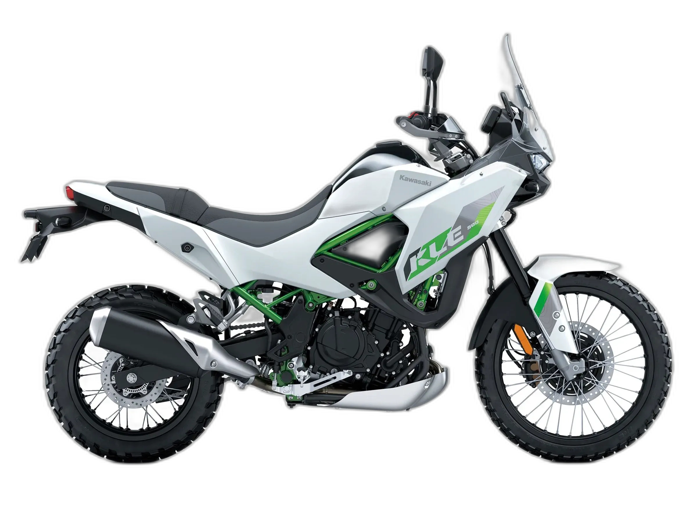 Studio side profile of the 2026 Kawasaki KLE500.