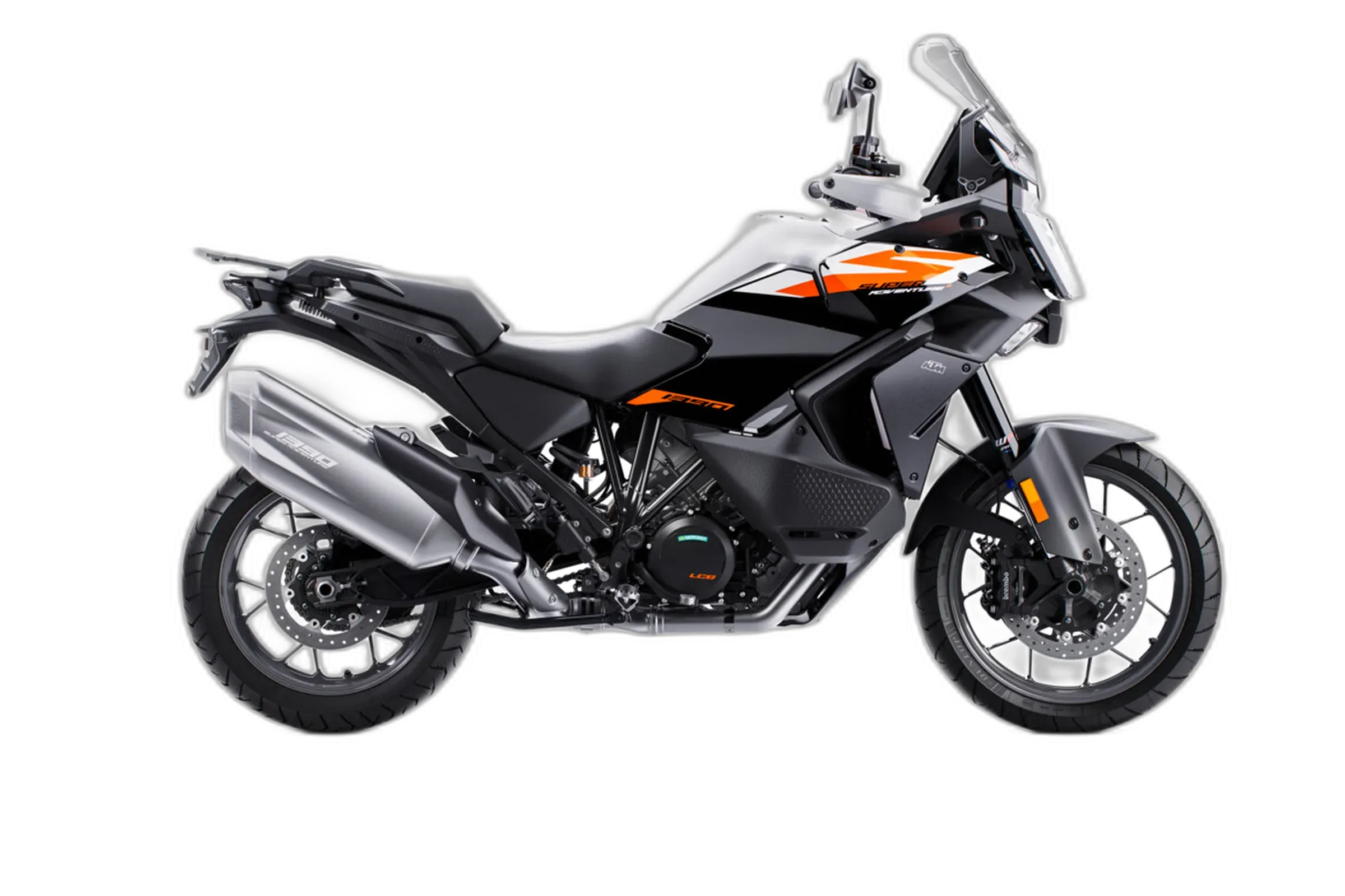 Studio side profile of the 2025 KTM 1390 Super Adventure S EVO, showing its tall adventure stance, upright touring screen and rally-style bodywork.