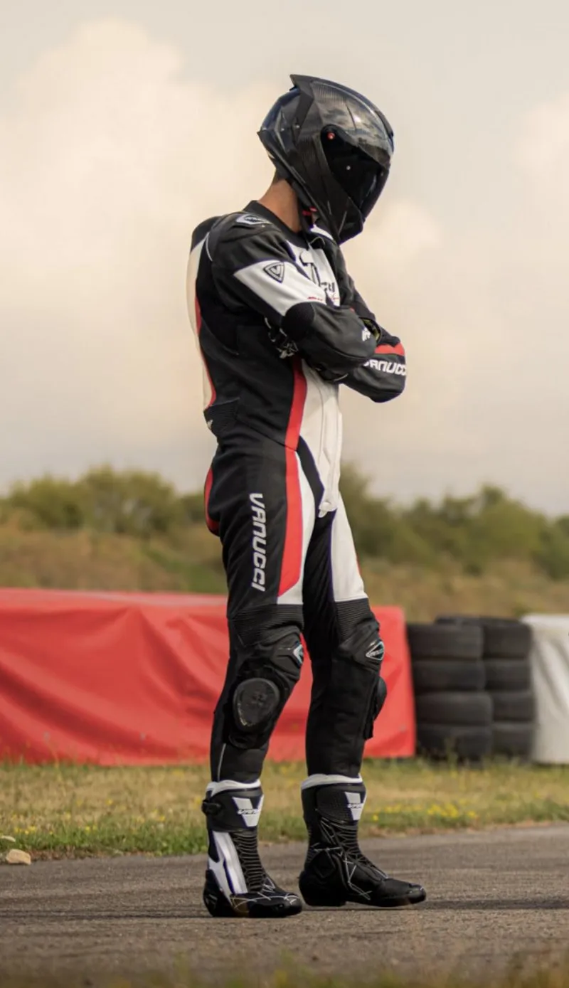 NastyNils in Vanucci riding gear at the supermoto circuit, with no motorcycle in the image.