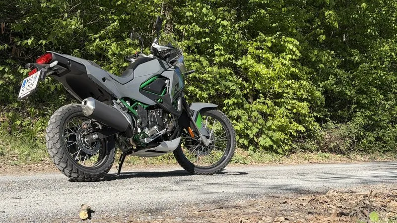 The KLE 500 parked on a gravel road in Lower Austria — the natural habitat this motorcycle was built for.