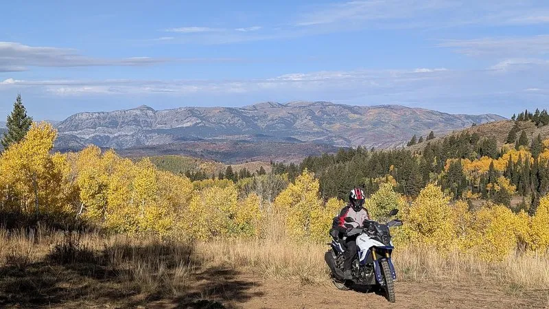 NastyNils on a Suzuki V-Strom 800 DE adventure motorcycle on a gravel overlook near Yellowstone, golden autumn aspens and distant mountains behind him.
