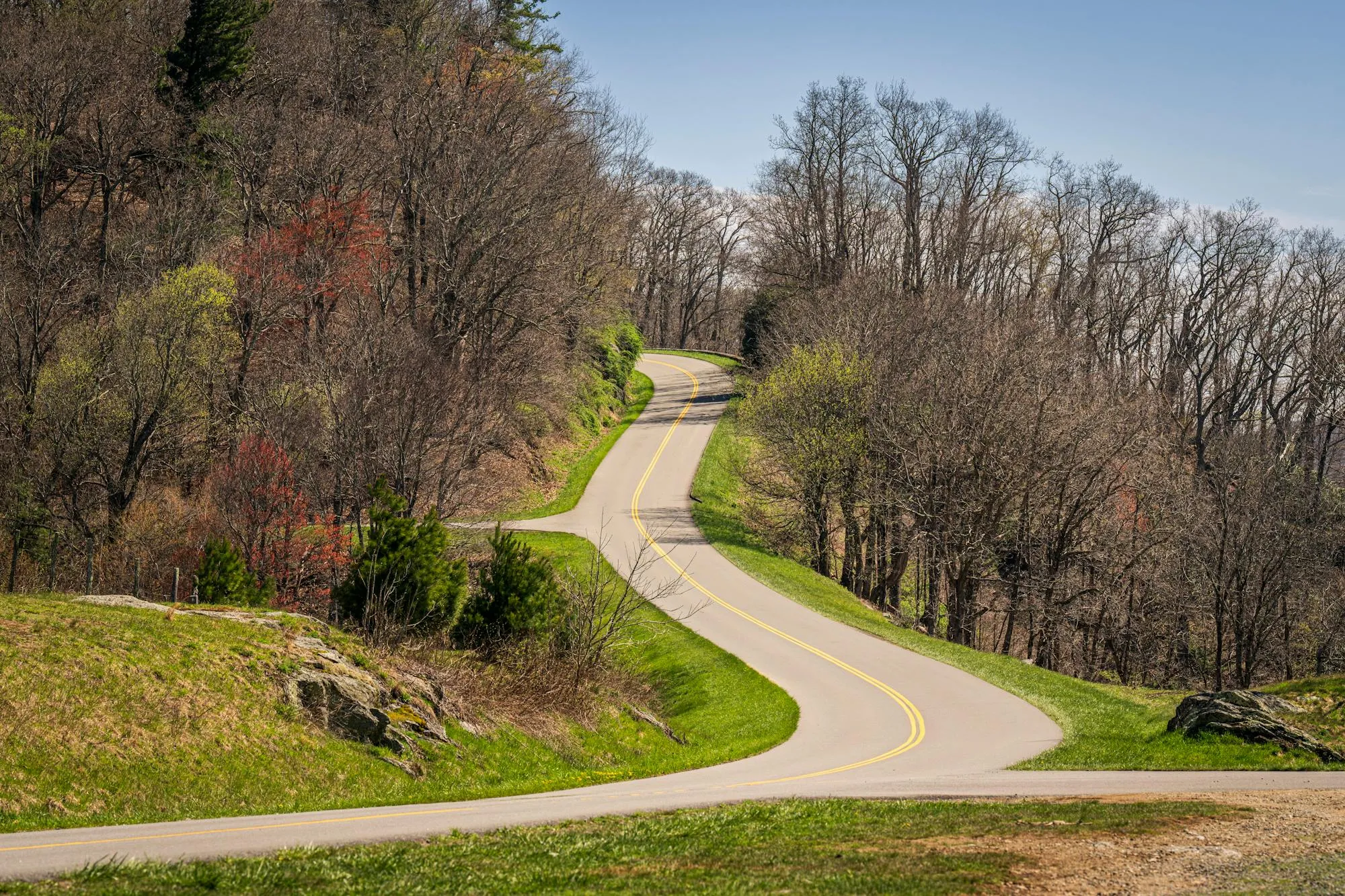 A winding asphalt road descending through the Appalachian Mountains, likely the famous Tail of the Dragon section in Tennessee and North Carolina. Multiple technical right-hand and left-hand curves are visible in this aerial perspective, surrounded by deciduous forest in spring foliage. Clear sunny conditions, well-maintained asphalt with yellow center lines marking the curves. No motorcycle or rider visible in the frame.