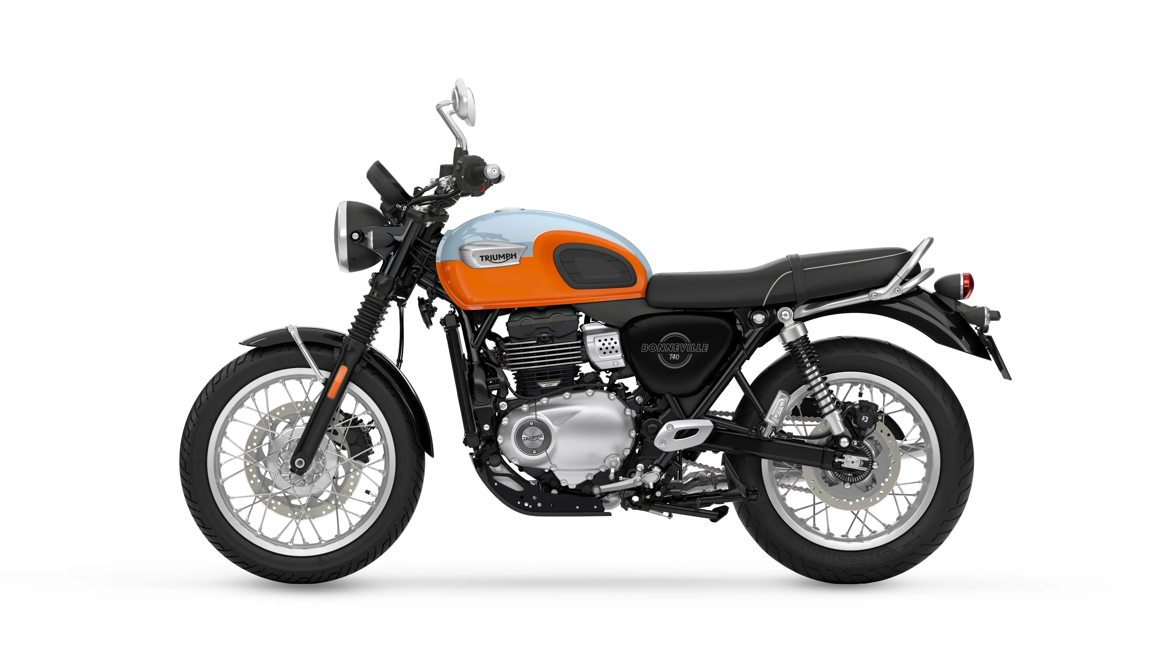 Studio side profile of the 2027 Triumph Bonneville T40 in Meriden Blue and Tangerine Orange on a white background, left side, with spoked wheels, twin rear shocks, round headlight and a single-cylinder engine.