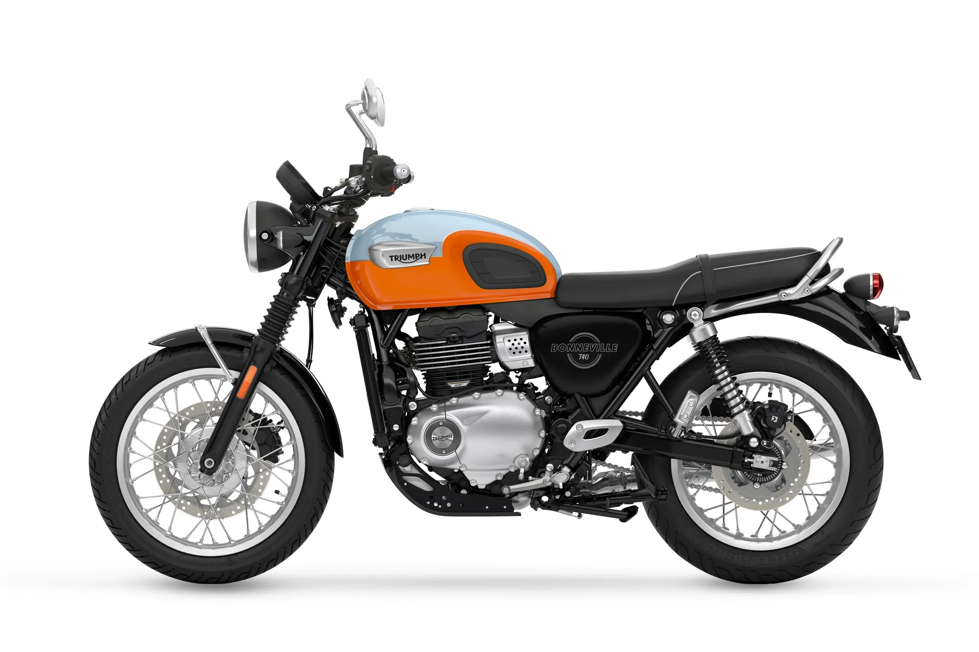 Studio side profile of the 2027 Triumph Bonneville T40 in Meriden Blue and Tangerine Orange on a white background, left side, with spoked wheels, twin rear shocks, round headlight and a single-cylinder engine.